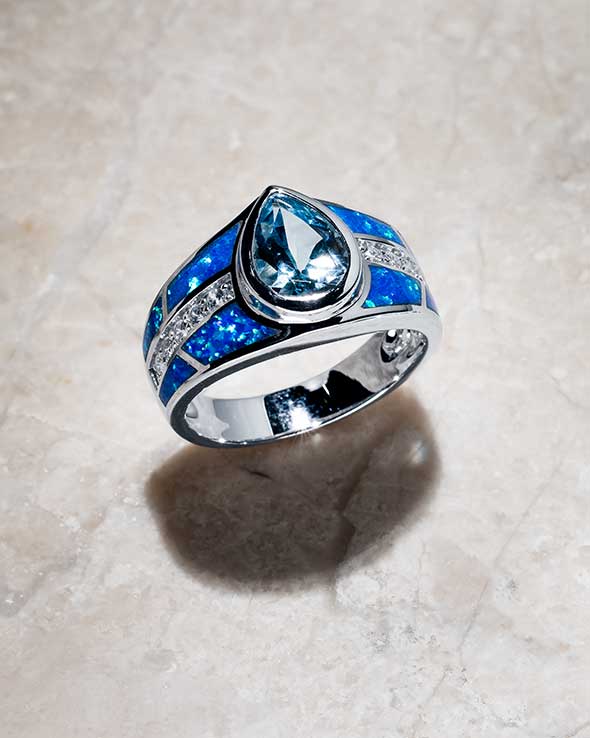 Blue Opal rings — coastal, crossover, and radiant designs
