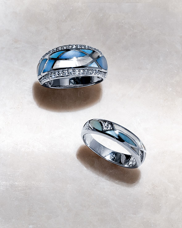 Dream Island rings: Seafloor, Tideline, and Poinciana designs
