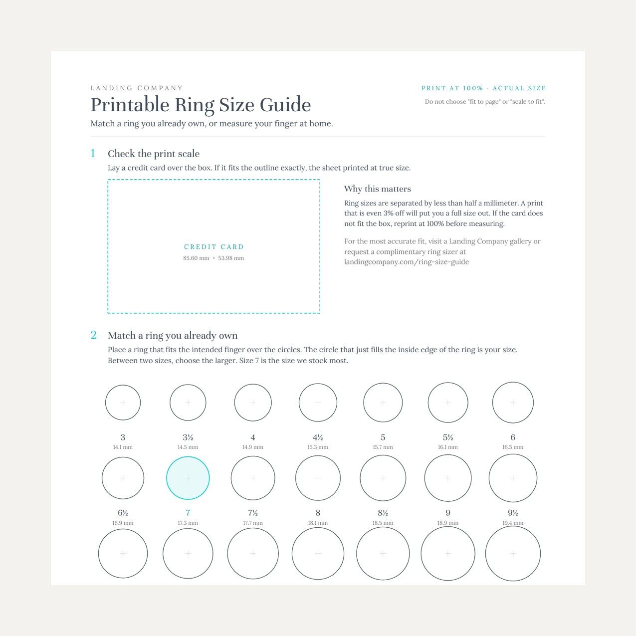 The Landing Company printable ring size guide