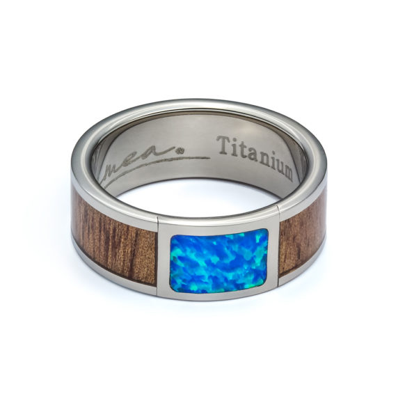 Koa Wood and Created Blue Opal Titanium Ring TRA-1068A-08