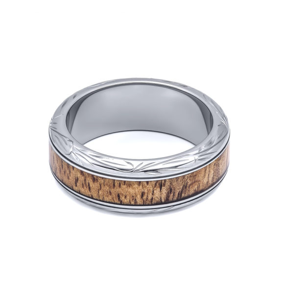 TRA-1055-08 koa wood ring with scrolling