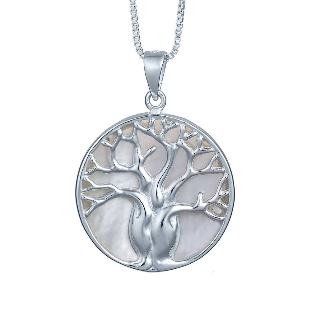 Silver Pendant Tree of Life Pendant Necklace Large Silver Pendant Statement Necklace Shell Necklace for Women Mother of Pearl Pendant