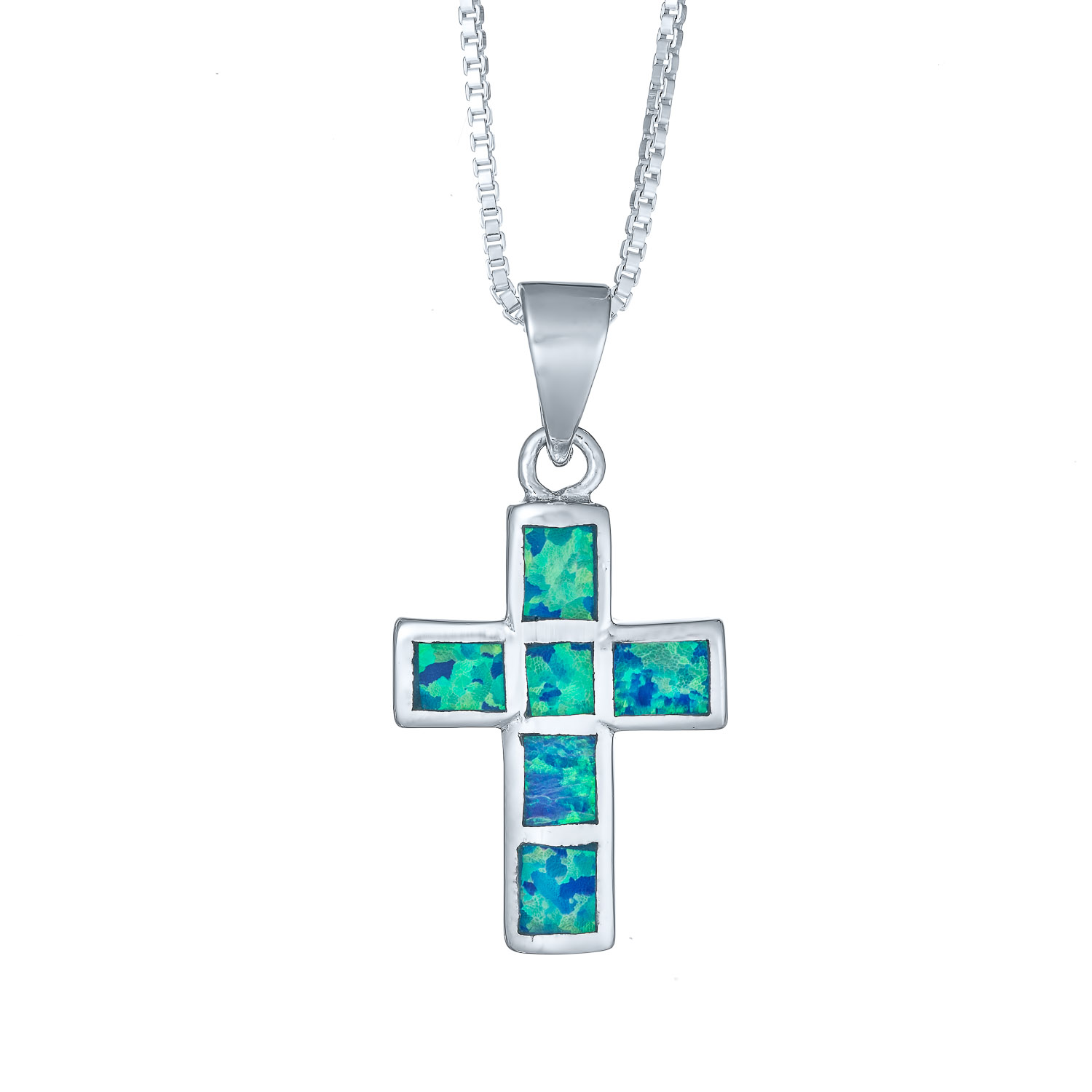 Sterling Silver Blue Created Opal Cross Necklace - Landing Company