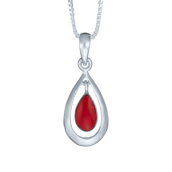 Sterling Silver Red Coral Cut Out Teardrop Necklace