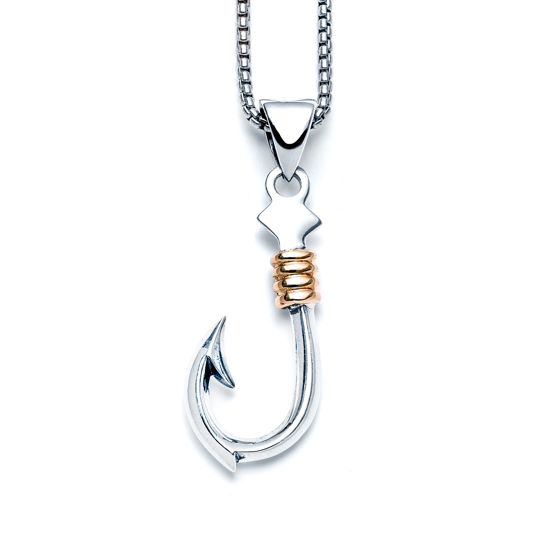 Two Tone Small Fish Hook Necklace in Sterling Silver With 14k Gold