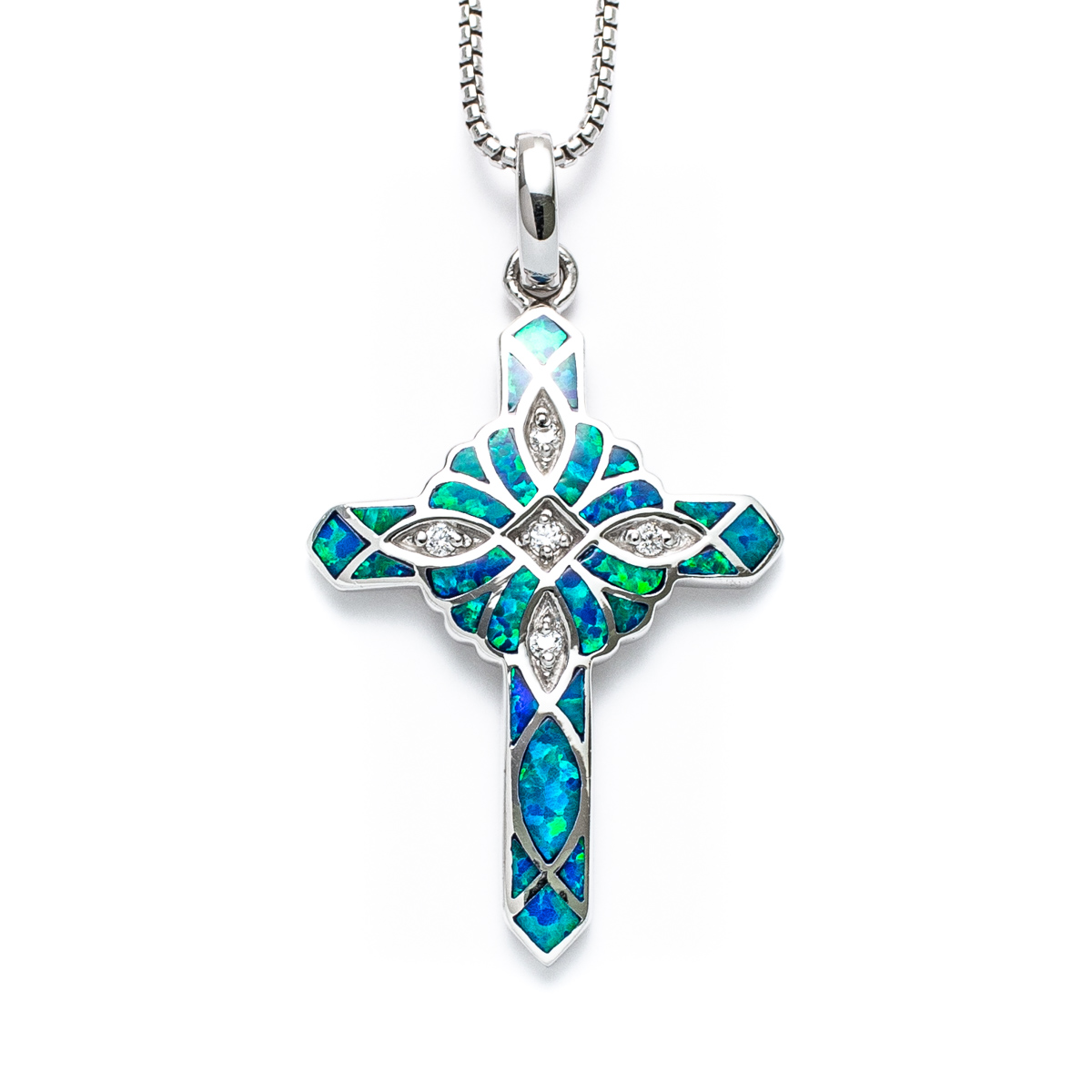 Women Mini Blue Opal Cross Dainty Mini Christian Pendant Necklace Silver  Chain