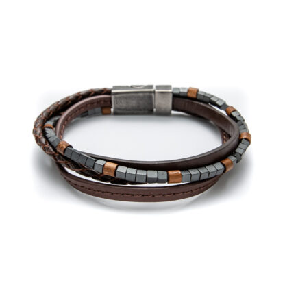 Brown Multi Strand Wood & Hematite Bracelet