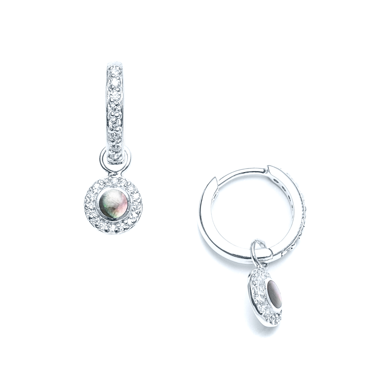 Pave Hoop Earrings with Dark Mother of Pearl Charm in Sterling Silver