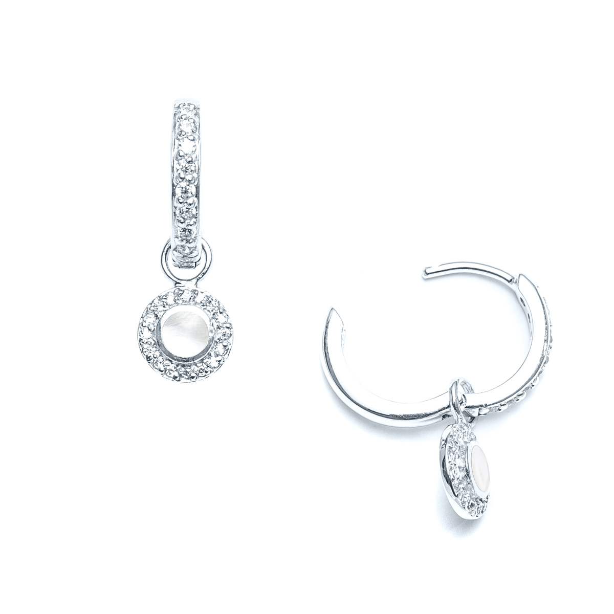 Pave Hoop Earrings with Mother of Pearl Charm in Sterling Silver