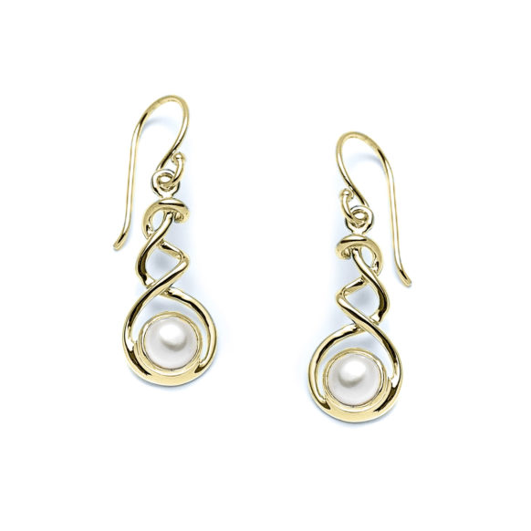 Pearl Ribbon Earrings in 14k Yellow Gold