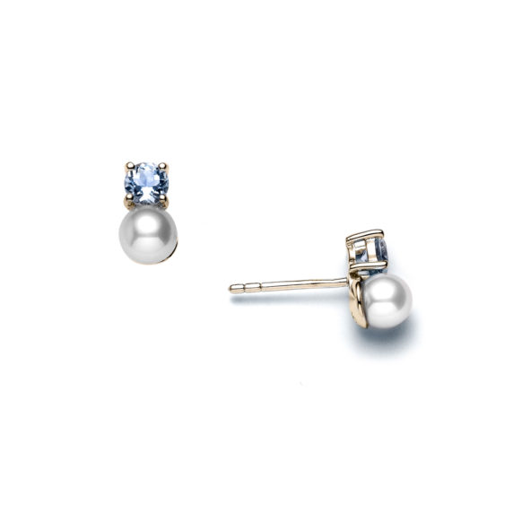 Aquamarine and Pearl Stud Earrings in 14k Yellow Gold