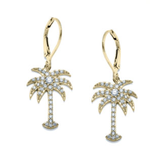 Radiant Palm Tree 14k Yellow Gold and Diamond Earrings