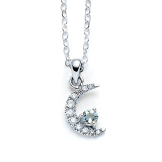 Crescent Moon Aquamarine and Diamond White Gold Necklace