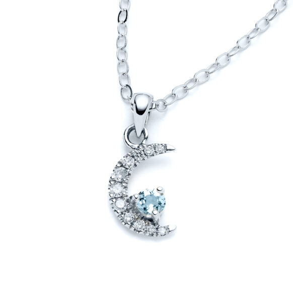 Crescent Moon Aquamarine and Diamond White Gold Necklace - Macro