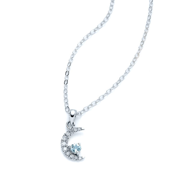 Crescent Moon Aquamarine and Diamond White Gold Necklace - ver2
