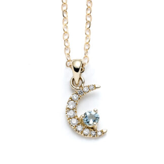 Crescent Moon Aquamarine and Diamond Yellow Gold Necklace