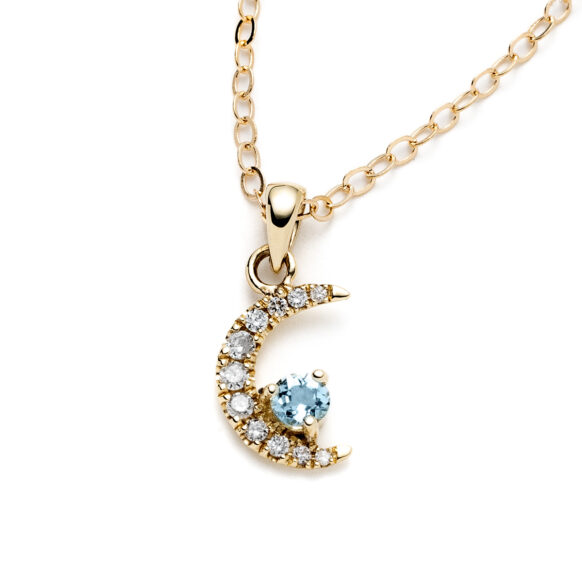 Crescent Moon Aquamarine and Diamond Yellow Gold Necklace Macro