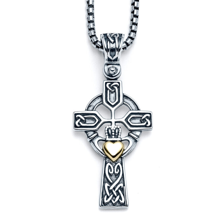 Two-tone Celtic Claddagh Cross Necklace