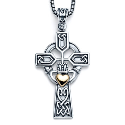Two-tone Celtic Claddagh Cross Statement Necklace