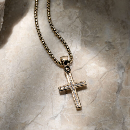 Forged Cross Diamond 14K Yellow Gold Necklace on Stone
