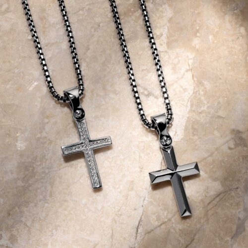 Forged Cross Diamond and Plain Necklace on Stone