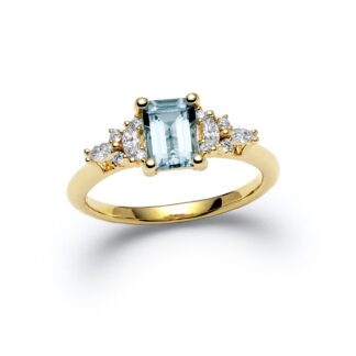 Aquamarine Emerald Yellow Gold Diamond Ring
