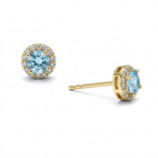 Aquamarine Princess Diamond Yellow Gold Stud Earrings